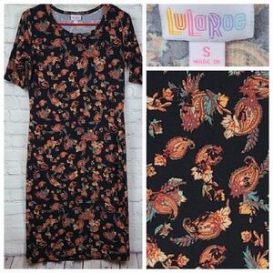 LuLaRoe Julia S 4/6 Black Paisley Knee Length Knit Bodycon Soft Stretchy Dress